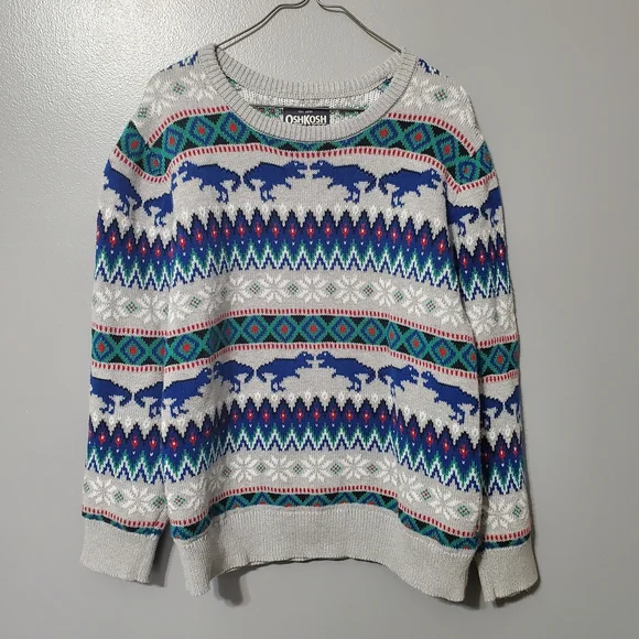 OshKosh B'gosh Dinosaur T Rex Blue and Green Patterned Sweater Boy's Size 10