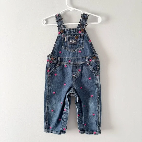 OshKosh B'gosh Vintage Baby Girl’s Denim Heart Overalls Jeans One Piece