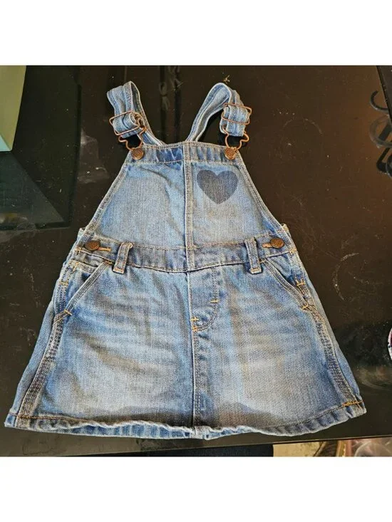 OshKosh Bgosh Denim Overall Dress Toddler 24M Vintage Style Heart Design