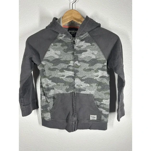 OshKosh B'gosh Hoodie Boys 8 Gray Green Camo Full Zip Raglan Kangaroo Pocket‎