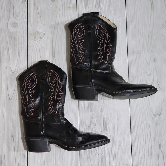 Black Western Cowboy Boots with Red Stitching Kids Size 3