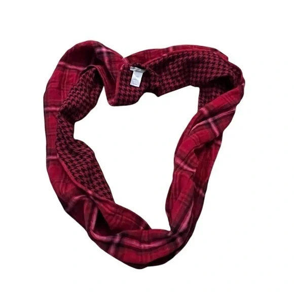 J. Jill 100% Cotton All-Season Red & Black Plaid & Houndstooth Infinity Scarf