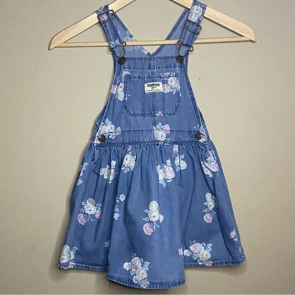 OshKosh B'gosh Vesbak Girls 4T Blue Jean Denim Overall Dress Pink Floral