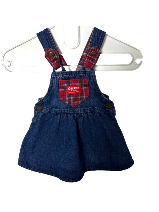 Vintage OshKosh BGosh Denim Overall Vestbak Dress 18 Month Plaid Accents