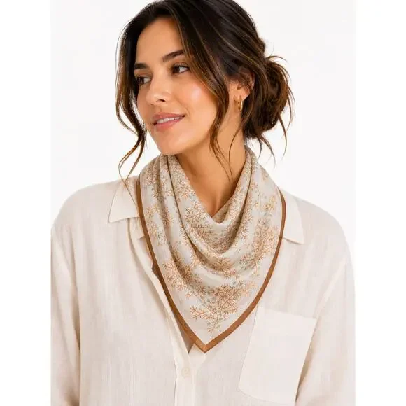 Pure Silk Scarf Hand Sewn Botanical Tan Brown White Square Neck Wrap Minimalist