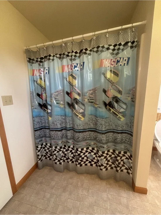 Vintage Nascar Light Blue and Black Checkered Race Car Shower Curtain