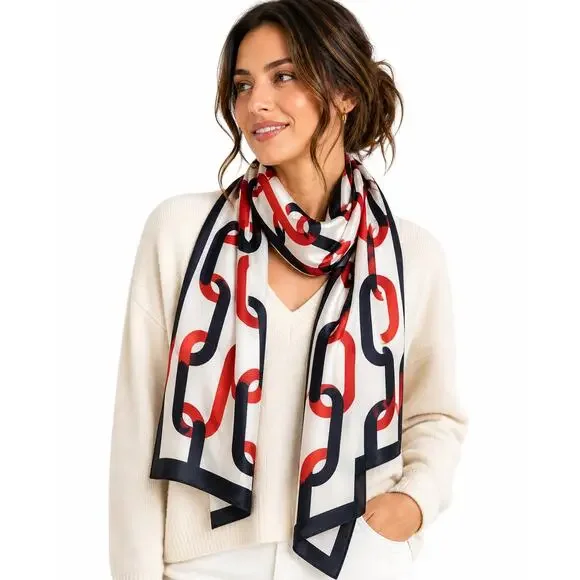 Red Navy Chain Print Long Scarf Rectangular Silky Wrap Graphic Link Pattern