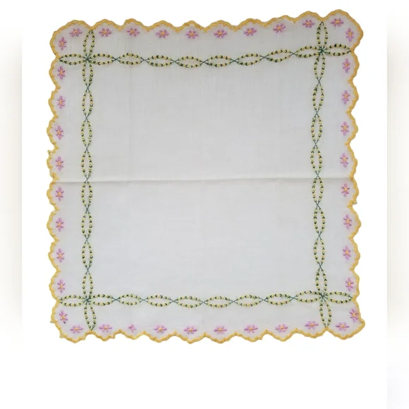 VTG Hand-Embroidered Pink, Green & Yellow Handkerchief