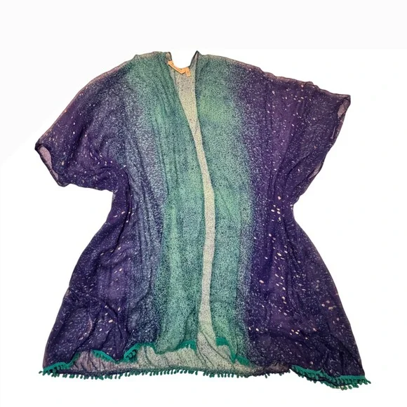Soft Surroundings Blue Teal Ombre Kimono Wrap Pom Pom Trim One Size Resort Boho