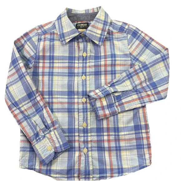 OshKosh B'Gosh Shirt Boys‎ Size 5 Blue/Coral Plaid Button-Up Long Sleeve