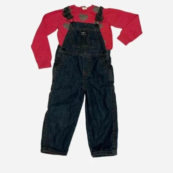 OshKosh B'gosh kid's blue denim overalls paired pink sweater and heart details‎