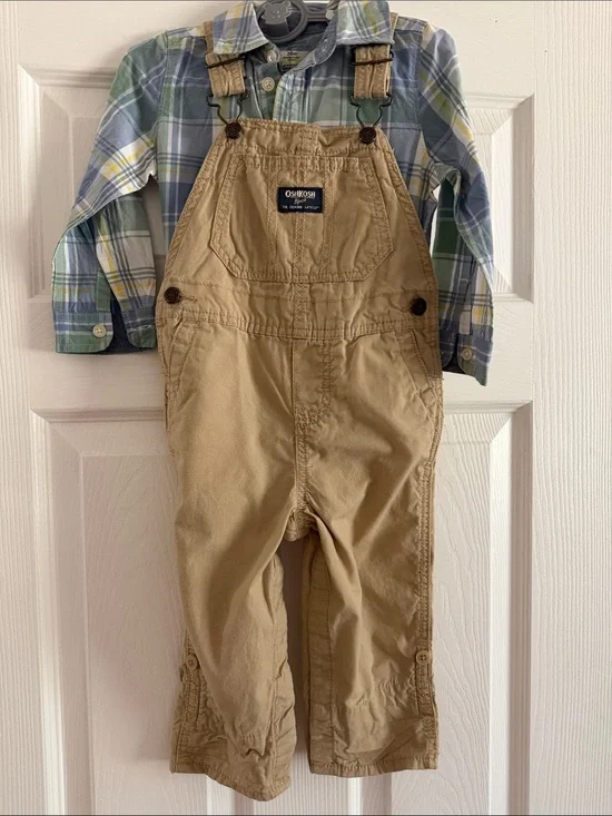 OshKosh B'gosh Tan Toddler Overalls with Blue & Green Plaid Undershirt 24 Month