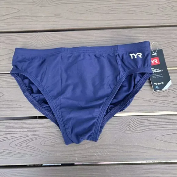 TYR Men's Solid Navy Nylon Drawstring Racer Swimwear Briefs Size 30 NEW