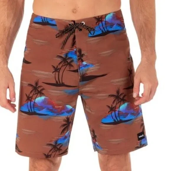 NWT Hurley Board Shorts Swim Phantom Quick Dry 4 Way Stretch Palm Tree Brown