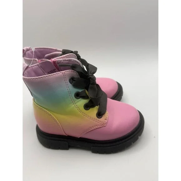 Cat & Jack Toddler Girls Rainbow Ombre Combat Boots Pink Ribbon Laces Size 6