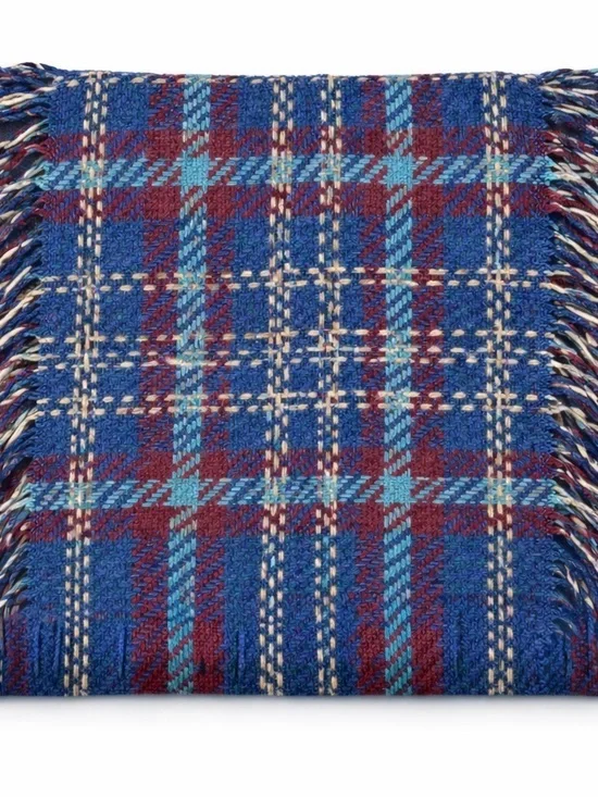 Oversized Plaid Blanket Scarf Blue Burgundy Fringe Cozy Fall Winter Wrap