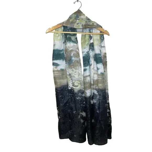 Boho Burnout Green Black & Cream Sheer Shawl Scarf Cottage Core Whimsical