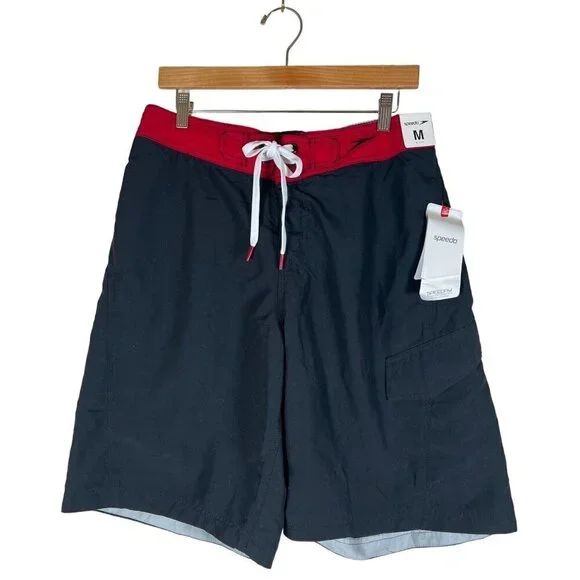 NWT Speedo Size M Black Red Black Swim Shorts /‎ Trunks Color Blocked Speedry