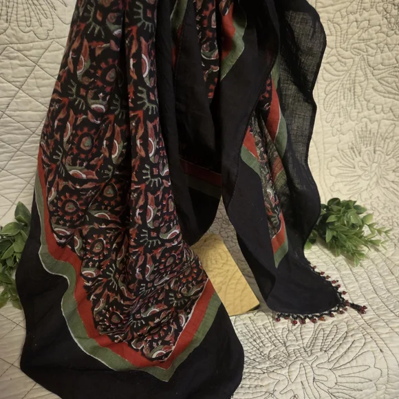 Boho Beaded Fringe Shawl Wrap Scarf Tribal Print Lightweight Large Scarf