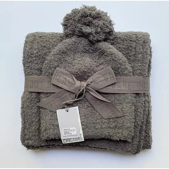 Barefoot Dreams Pom Pom Beanie and Scarf Set Cozychic Charcoal Grey NEW