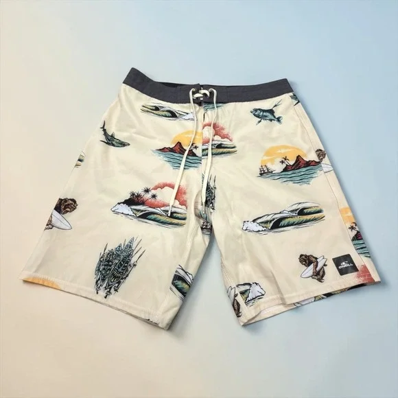 O'Neill Hyperfreak Board Shorts Mens 30 Cream Monkey Surf Tropical Stretch 18.5