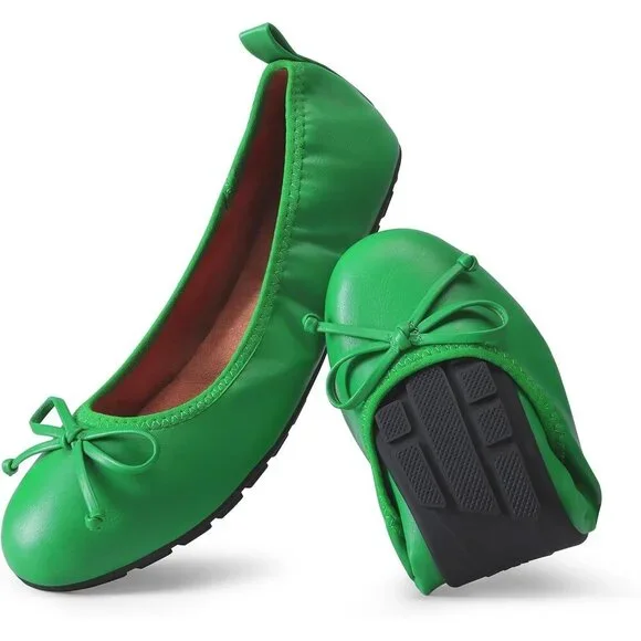 Women's Green Bowknot Round Toe Comfort Light Weight Slip-on Foldable Flats