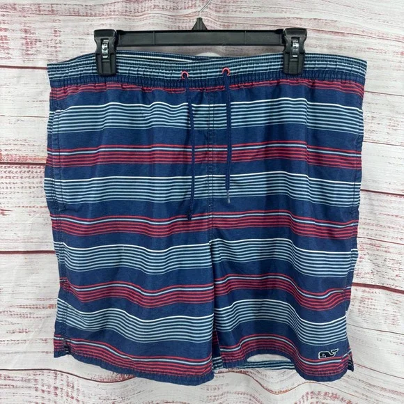 Vineyard Vines Swim Trunks Mens Medium Navy Blue Red Striped Board Shorts Mesh