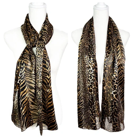 Mixed Animal Print Silky Neck Scarf Brown Black 60”x12.5”