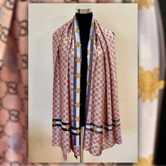 Luxury 100% Silk Oversized Bee & Monogram Print Shawl