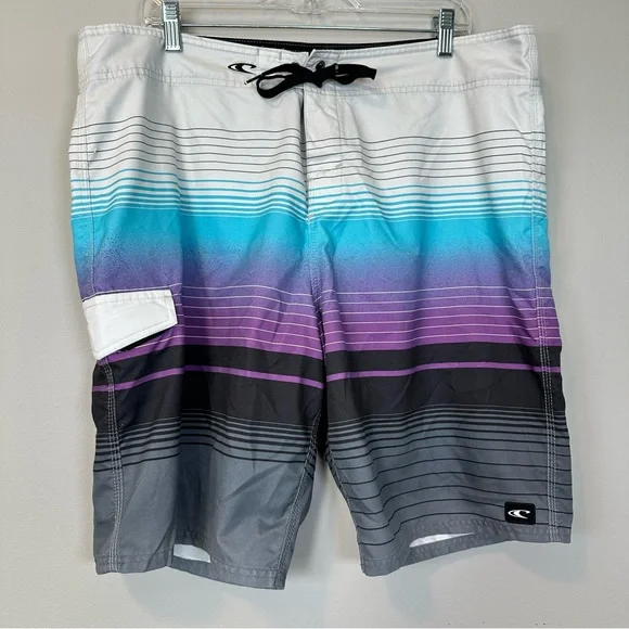 O'Neill Men's Striped Multicolored Swim Shorts Blue Purple Gray Surf Beach Wear