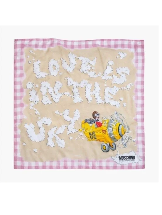 MOSCHINO | Cheap & Chic “Love Is In The Sky” Square Silk Scarf Pink Yellow 25”