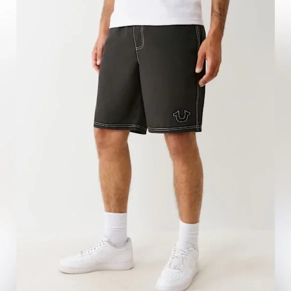 New True Religion Stitched Horseshoe‎ Black 9” board shorts
