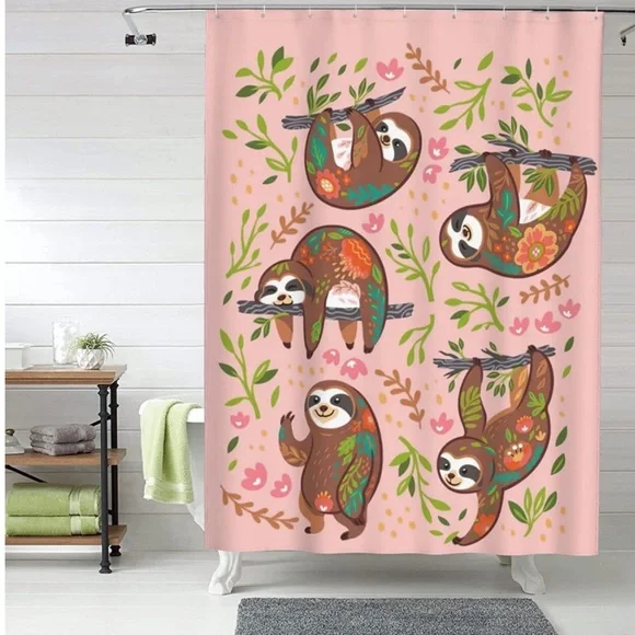 Cute Sloth Shower Curtain for Kids Girls, Pink Waterproof with Hooks 60x72 Inch