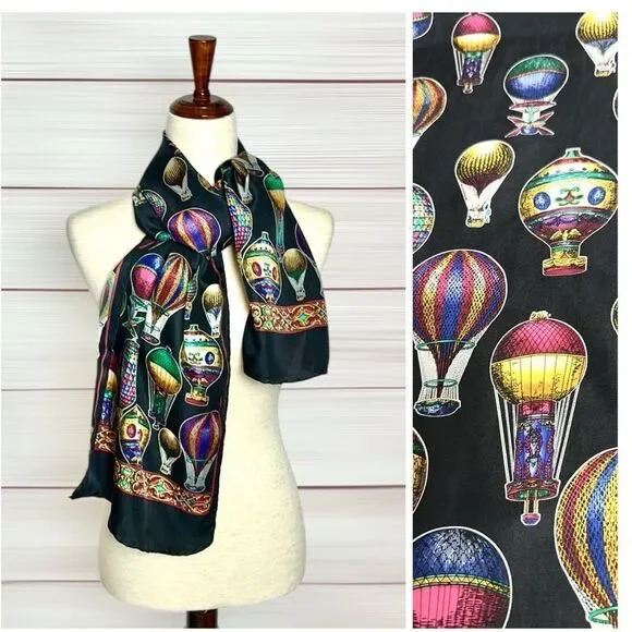 Hot Air Balloons Silk Scarf Black Rectangle 13.5x57” Hand Rolled made in Korea