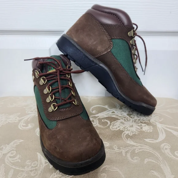 Boys Timberland Hiking Boots Tan Olive Green Field Boot Size 5.5 16937