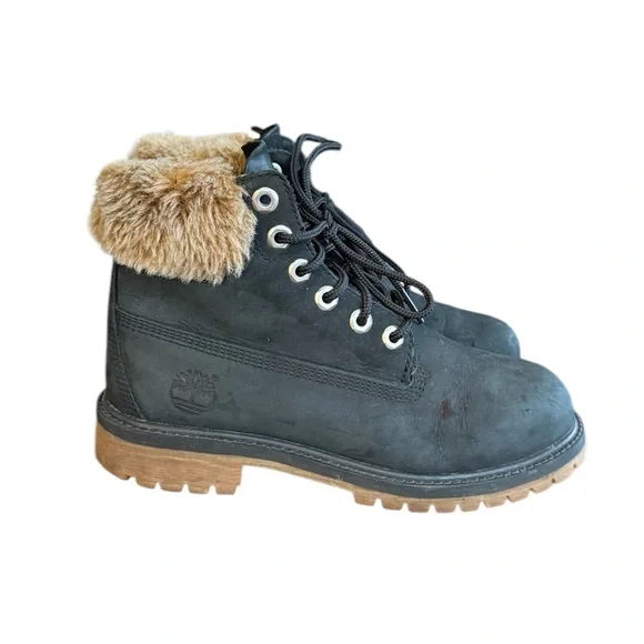 Timberland Boots Faux Fur Girls Size 4 Waterproof Black Leather