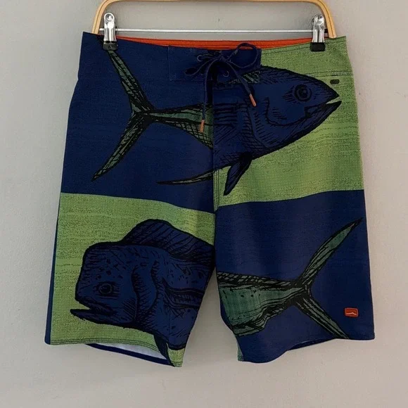 Cova Mens Fish Print Board Shorts Navy Blue Green Mahi Mahi Tuna Sz 32