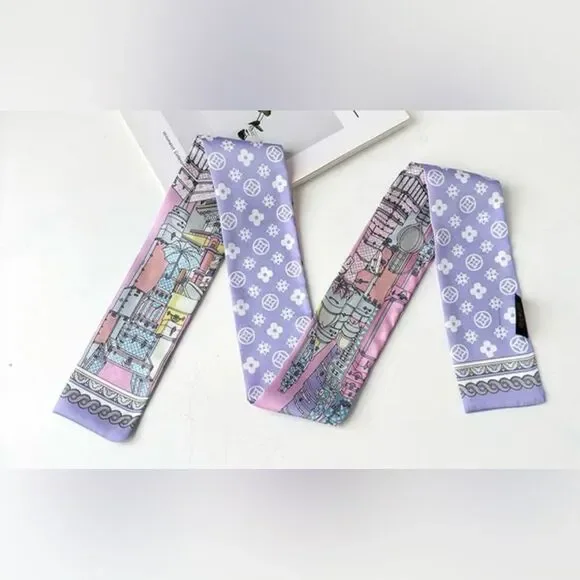Designer-Style French-Girl Purple & Pink City-Scape Blossom Print Twilly Scarf