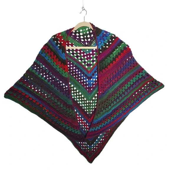 Boho Granny‎ Square Crochet Shawl Wrap Boho Multi Color Handmade Bright Colors