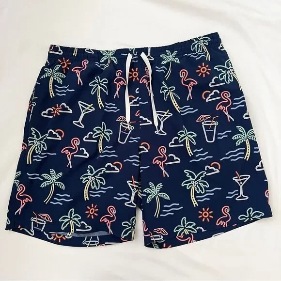 chubbies 7” Inseam swim trunks Men Size XXL Blue Tropical Flamingos Palm trees