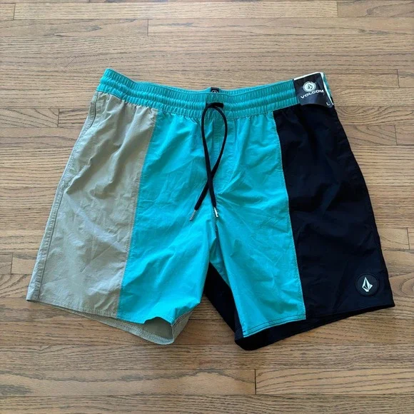 NWT Volcom Liberators Mens Large Colorblock Board‎ Shorts Blue Tan Black Swim