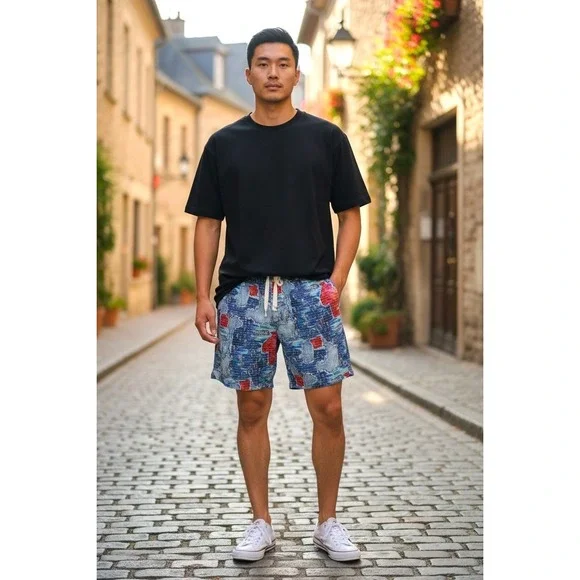 (G-217) Nova Men Swim Trunks Shorts Size M Multicolor Abstract Print‎ Drawstring