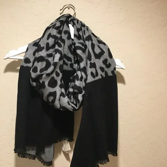 Black grayLeopard animal print scarf soft cozy New