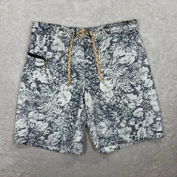 Patagonia Board Shorts Mens 34 Grey Floral Tropical Print Lace Up Zipper Pocket
