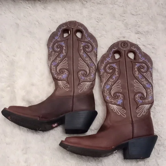 Tony Lama Deadstock Leather Purple Floral Tooled Western Cowboy Boot