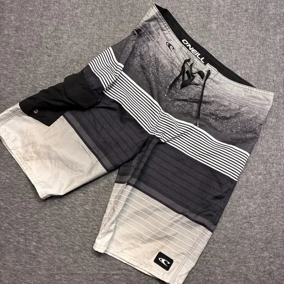 O'Neill Board Shorts Mens 32 Gray Striped Cargo Pocket‎ Swim Trunks Beach Surf