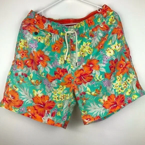Polo Ralph Lauren Teal and Orange Hibiscus Tropical Print Swim Trunks