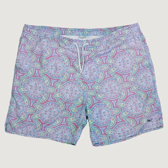Vineyard Vines Swim Trunks Mens XL Blue Pink Geometric Sea Turtle Mosaic Shorts