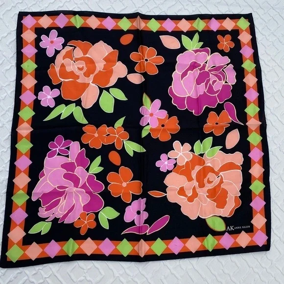 Anne Klein Silk Scarf Orange Green Black Pink Neon