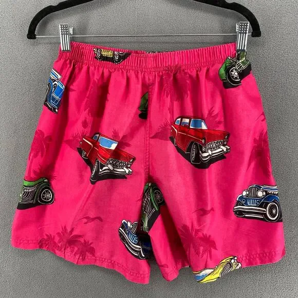 Uzzi Active Wear Shorts‎ Mens M Pink Graphic Swim Surf Beach Festival Cars Palm